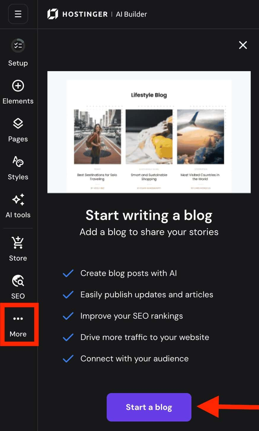 Hostinger AI Builder adding a blog