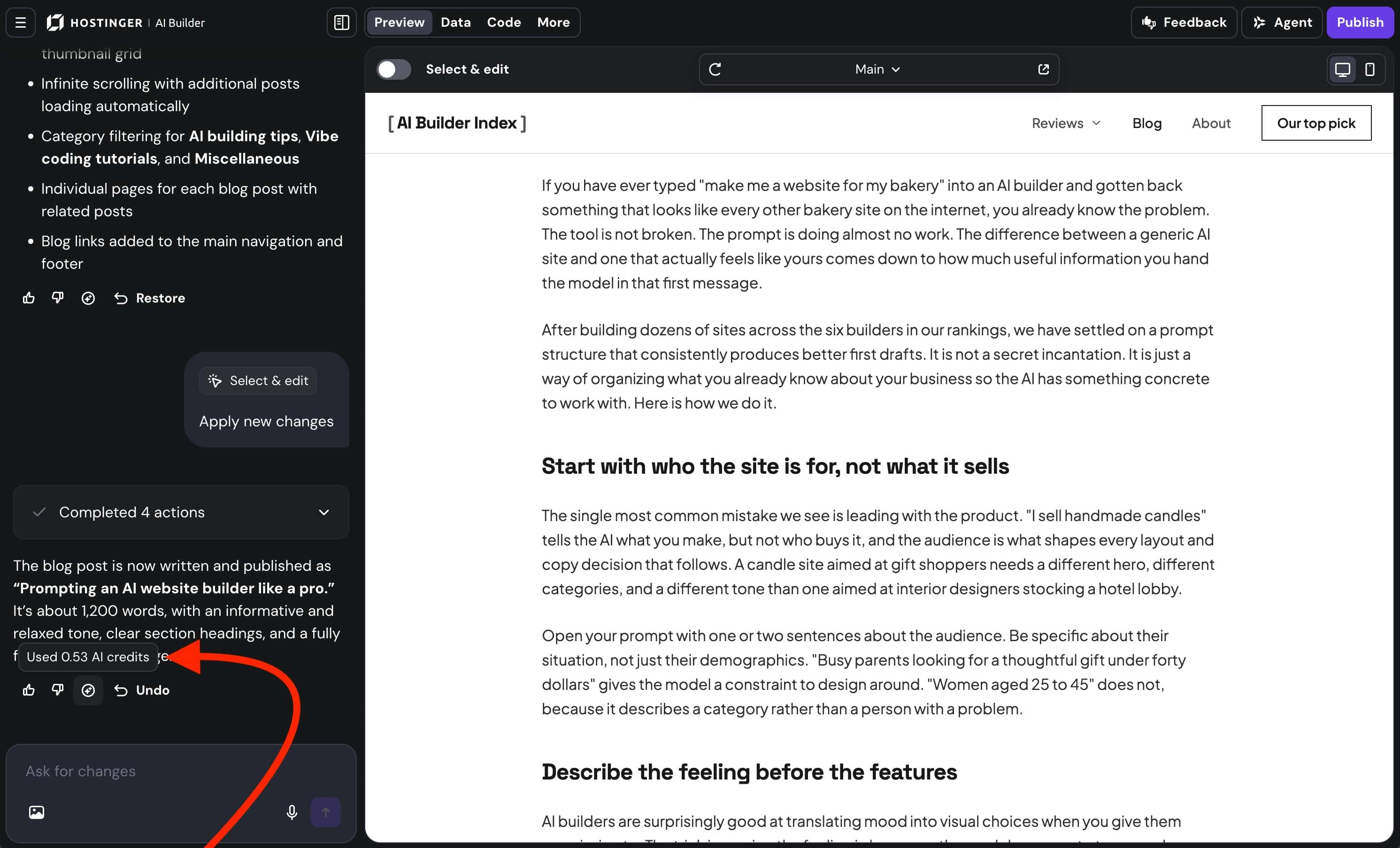 Hostinger AI Builder AI generated blog post in Agentic mode