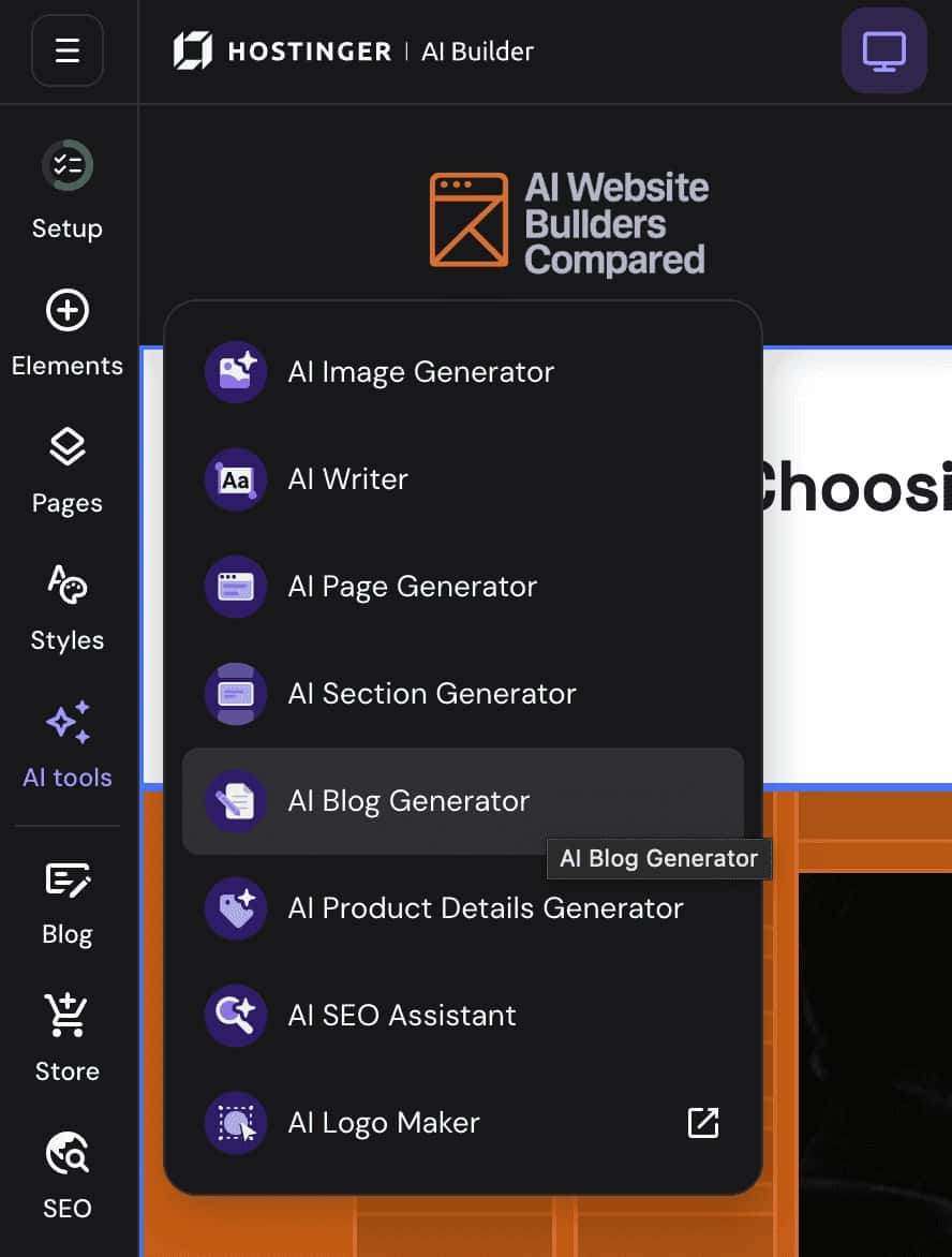 Hostinger AI Builder AI tools menu