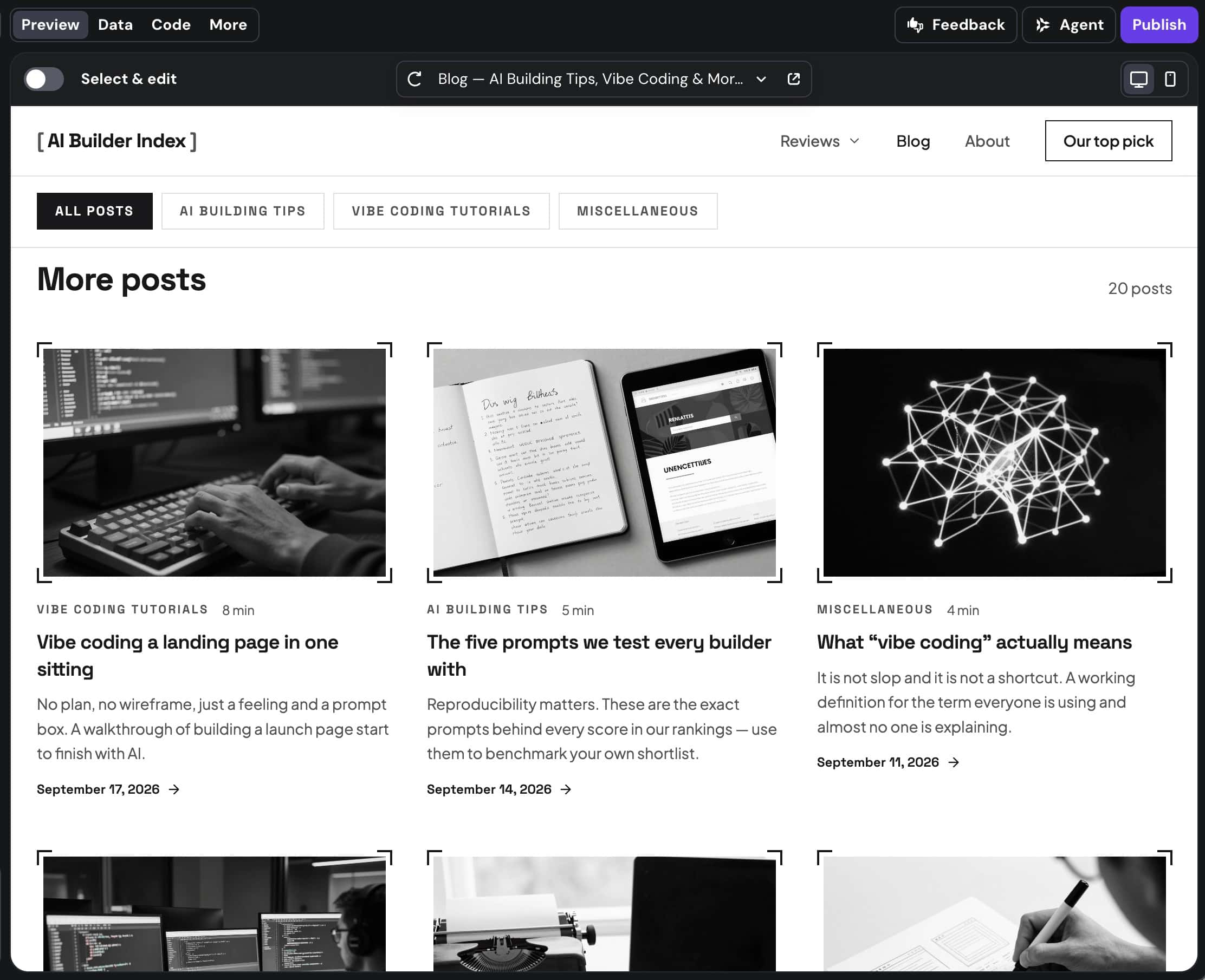 Hostinger AI Builder Agentic mode creates a complete blog feed vs. Manual