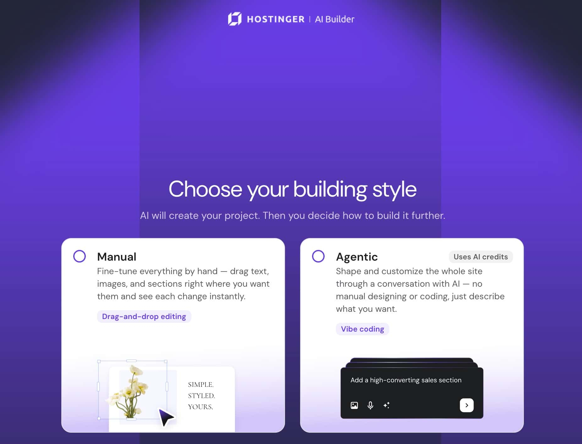 Hostinger AI Builder offers two build paths: Manual and Agentic