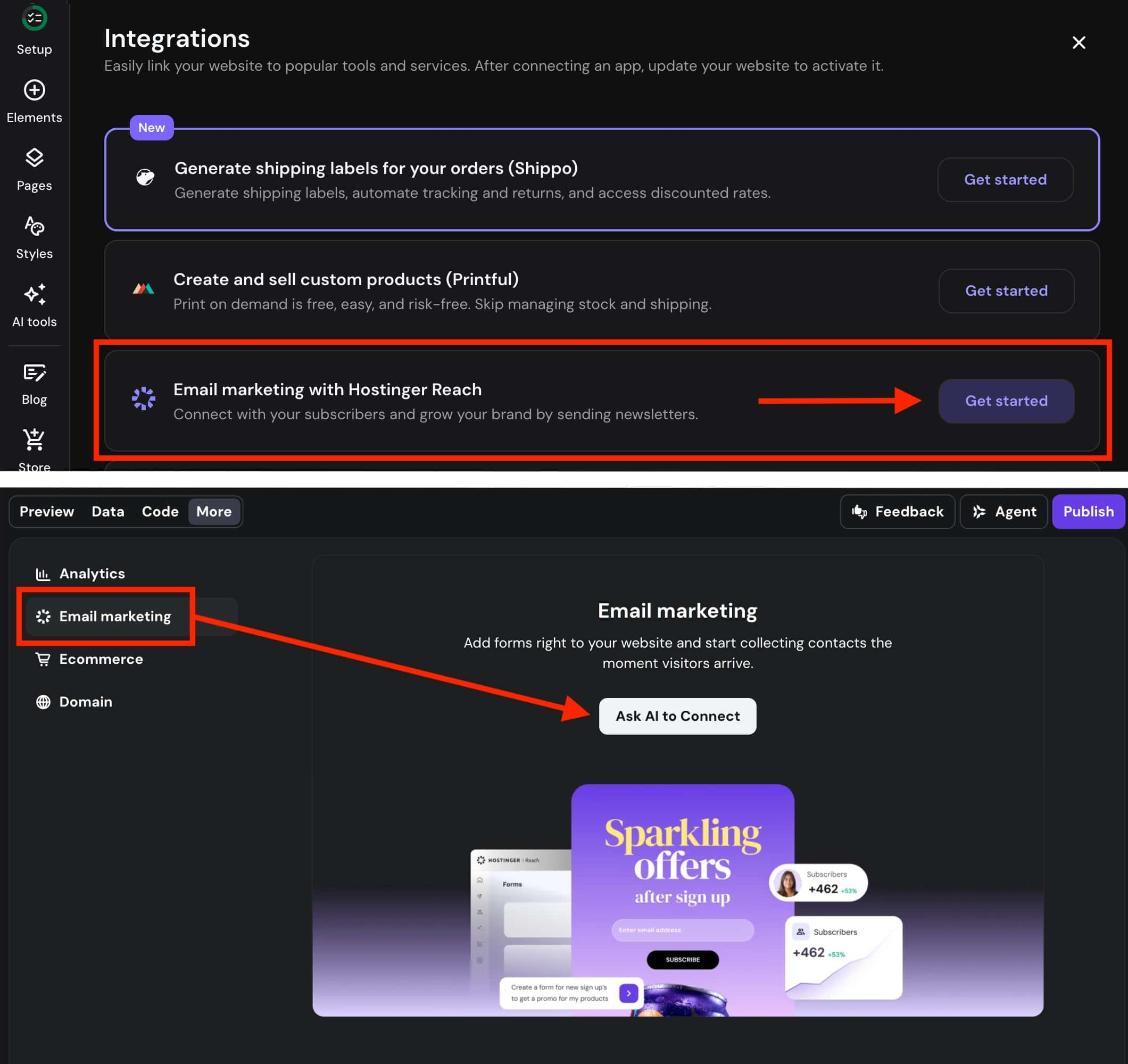 Hostinger AI Builder connecting Reach email marketing