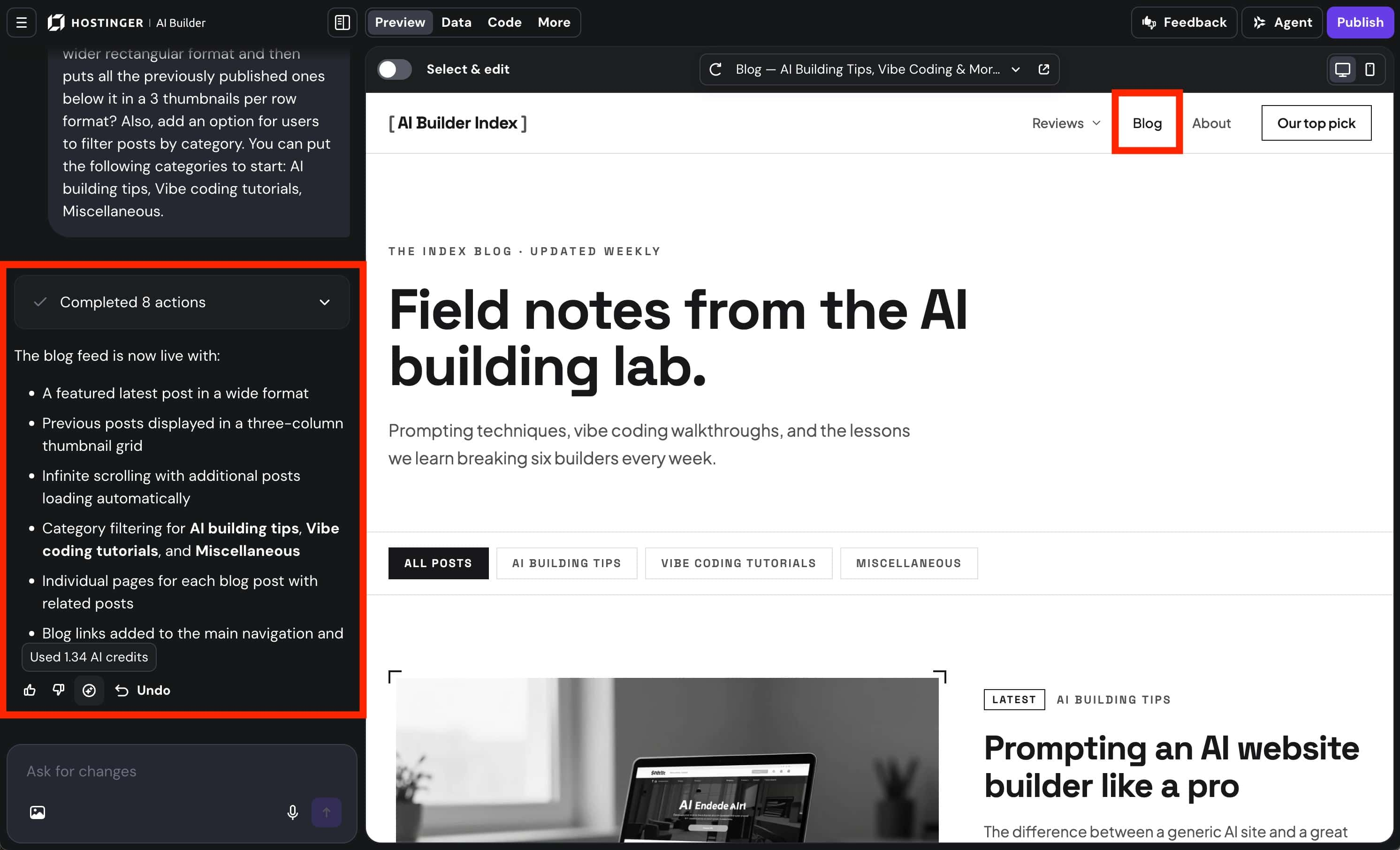 Hostinger AI Builder creating a blog feed page in Agentic mode