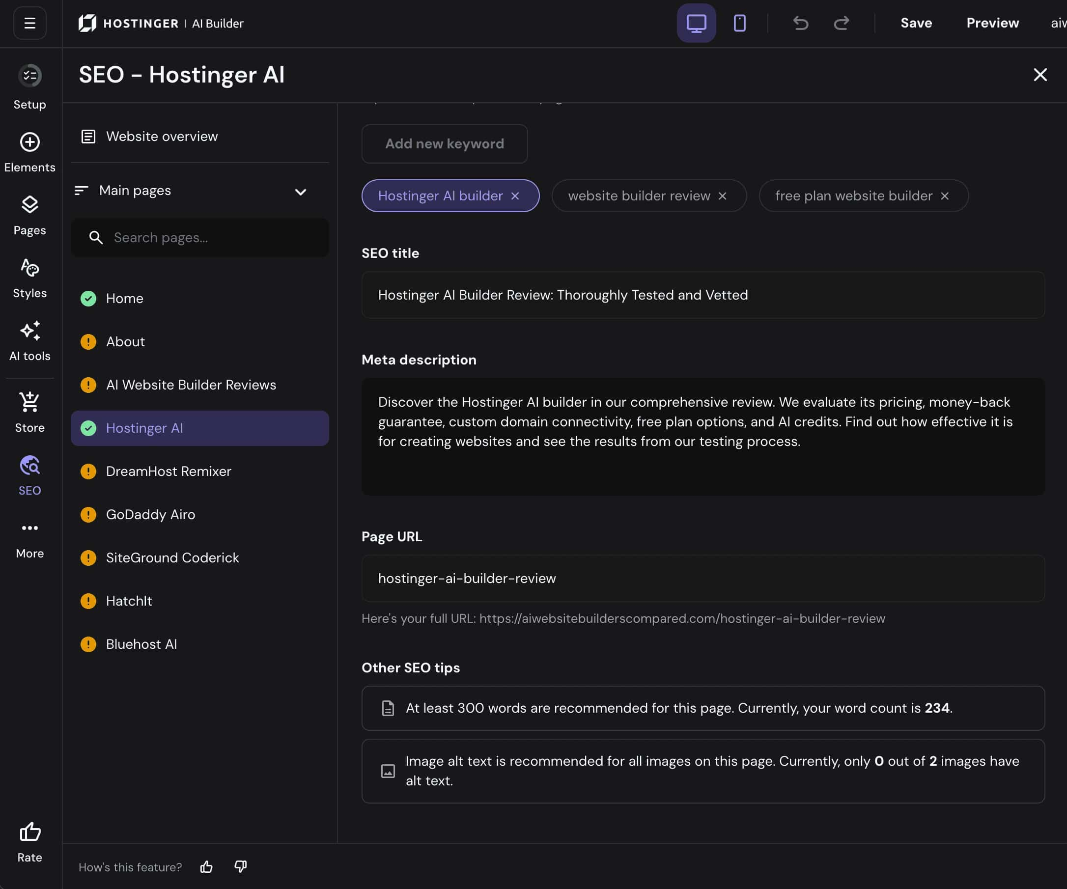 Hostinger AI Builder SEO dashboard