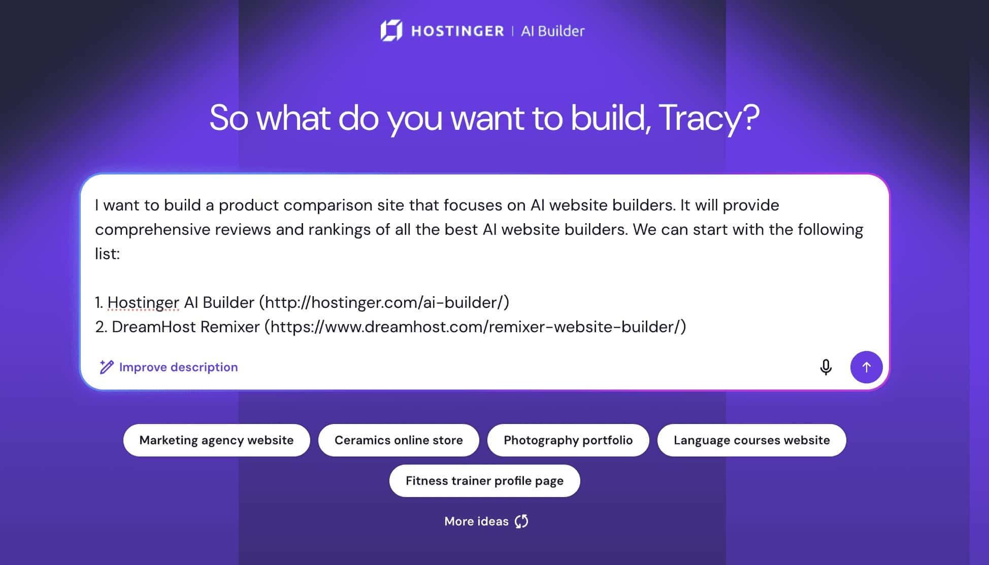 Hostinger AI Builder first prompt for All About Cookies test