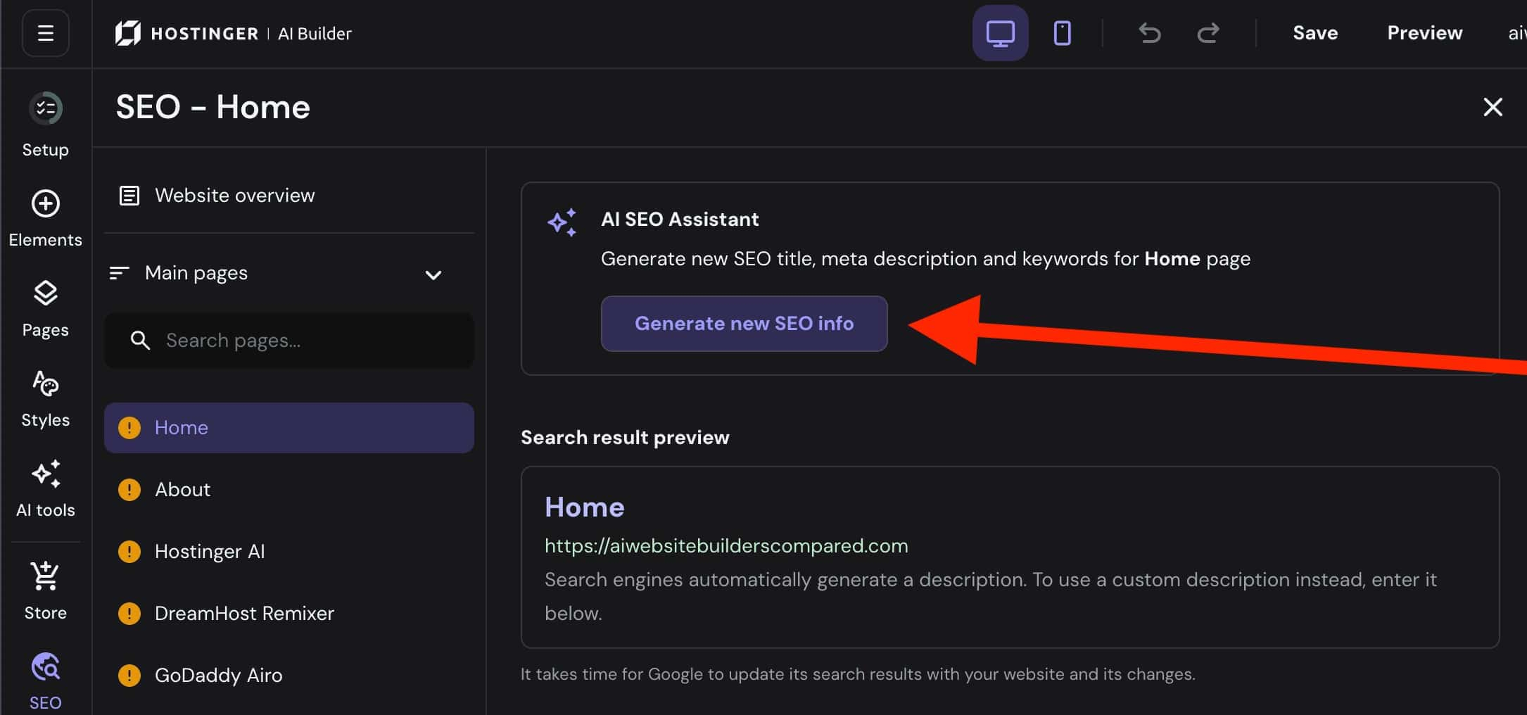 Hostinger AI Builder SEO Home