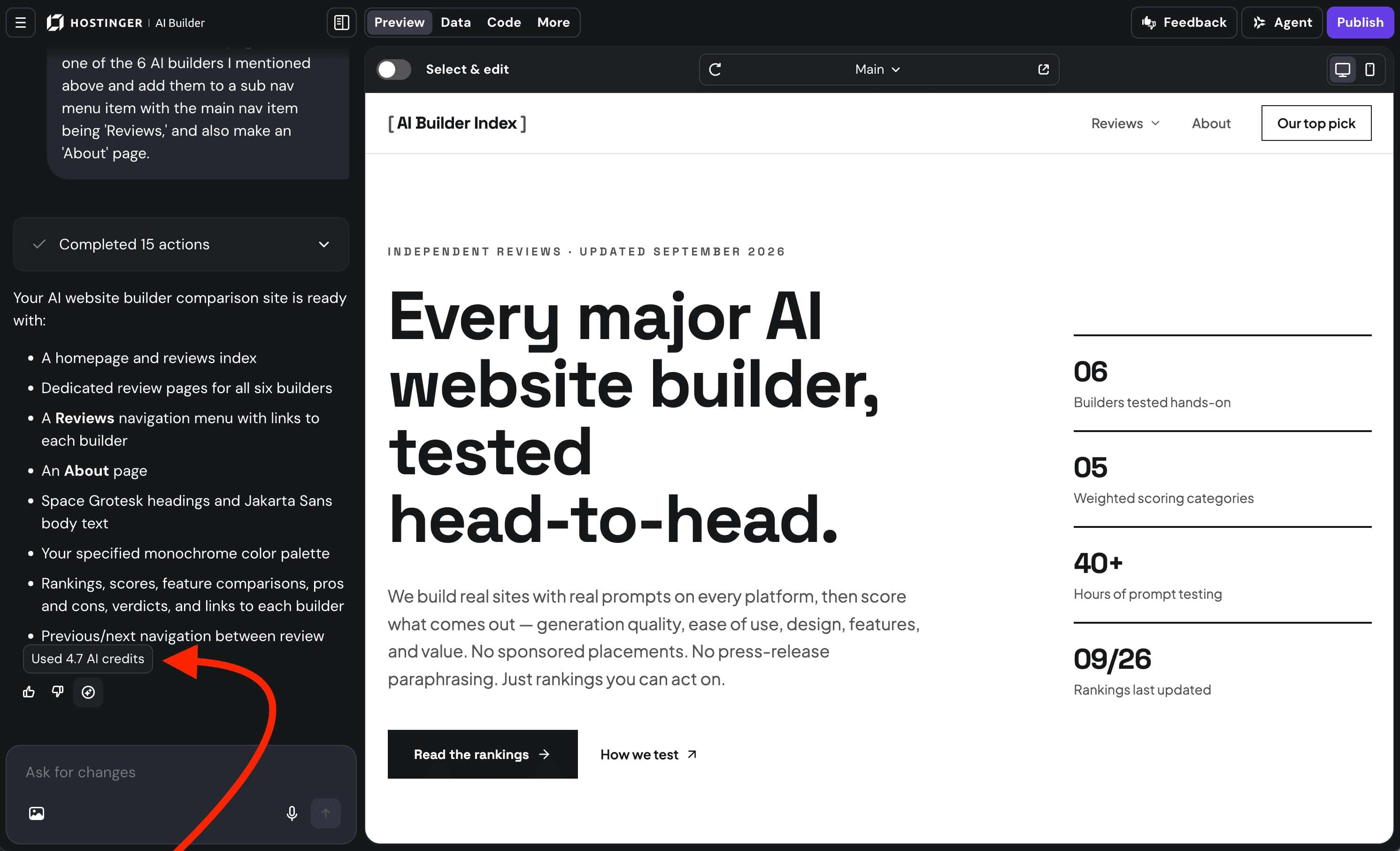 Hostinger AI Builder testing Agentic mode