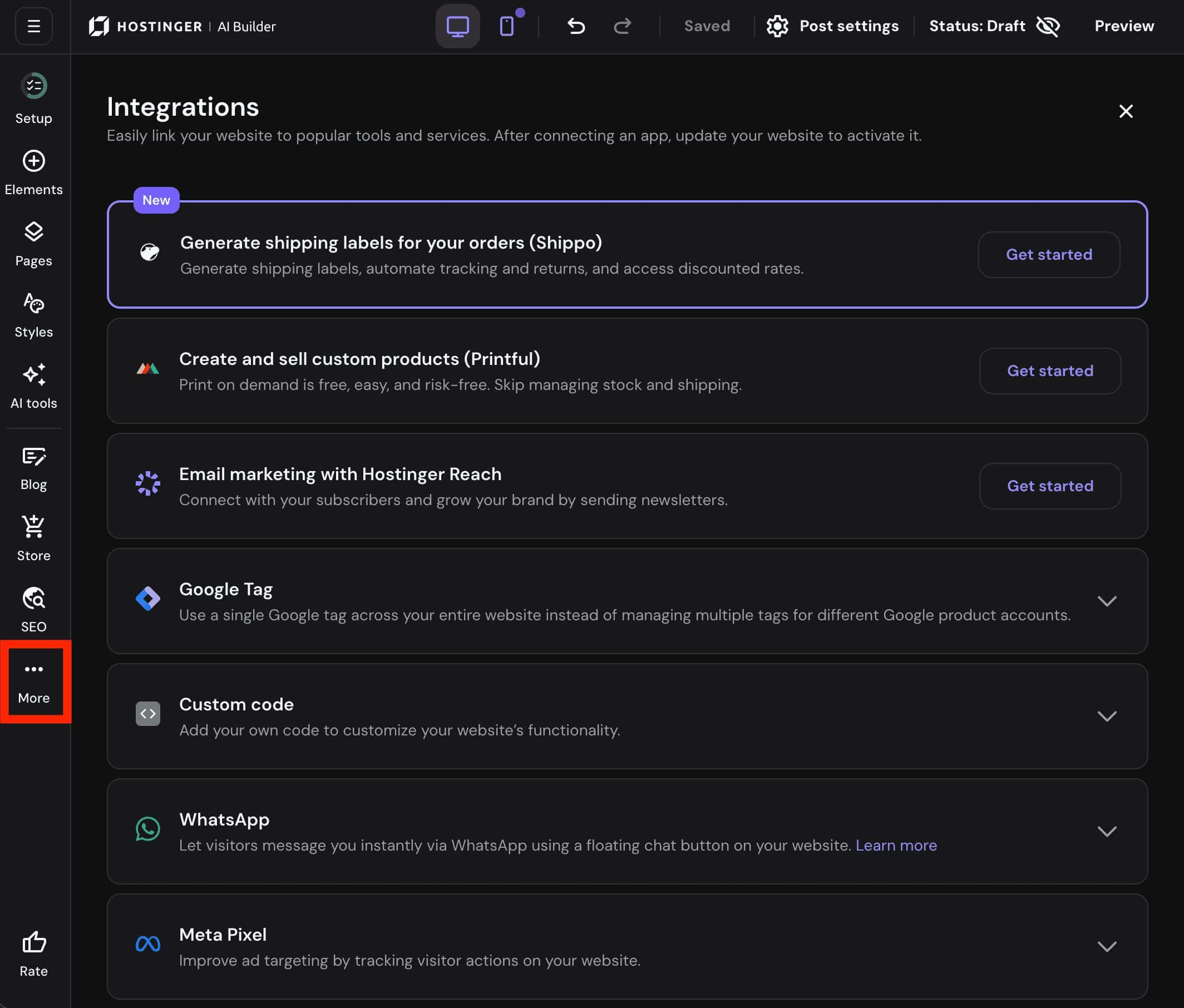 Hostinger AI Builder integrations