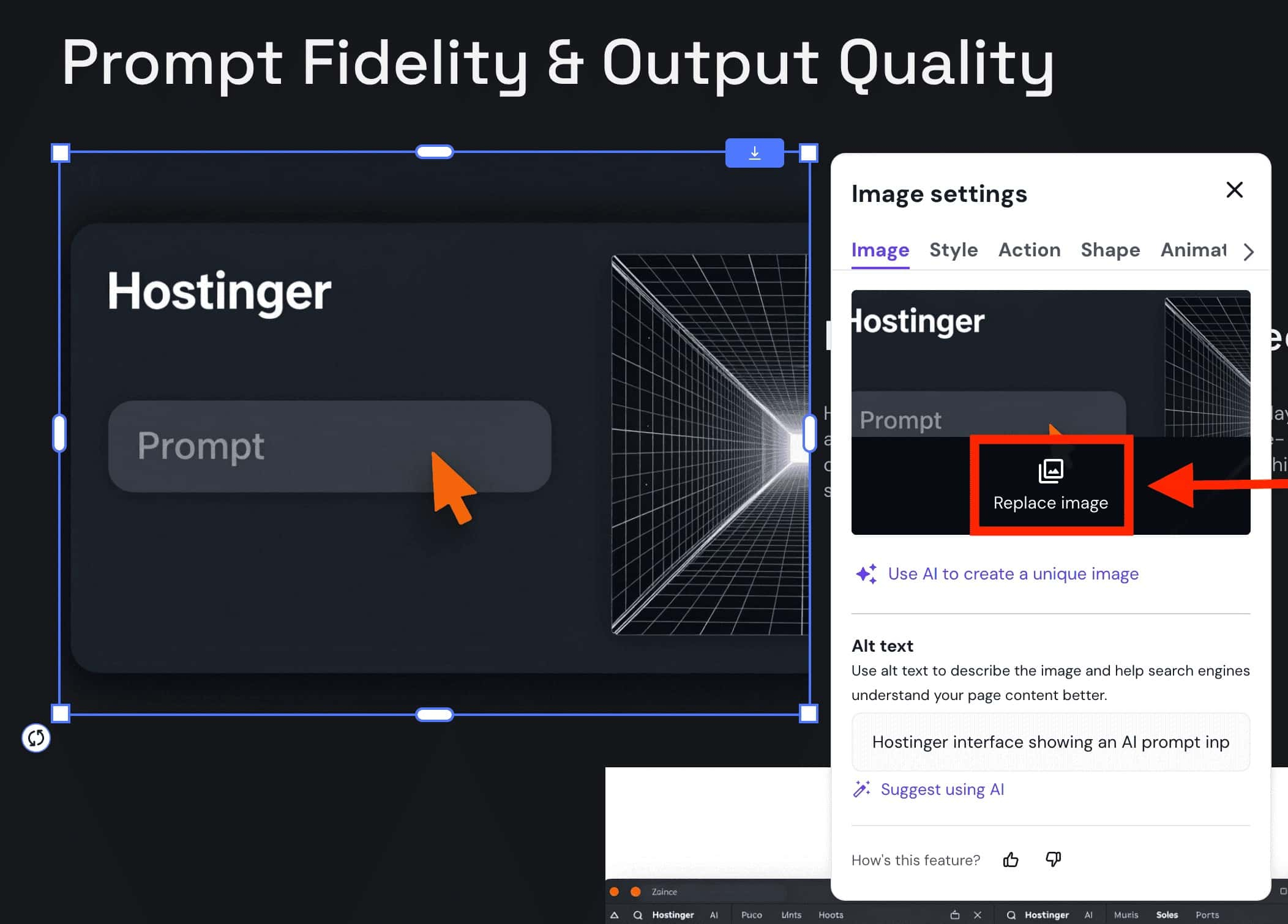 Hostinger AI Builder replacing an AI generated image