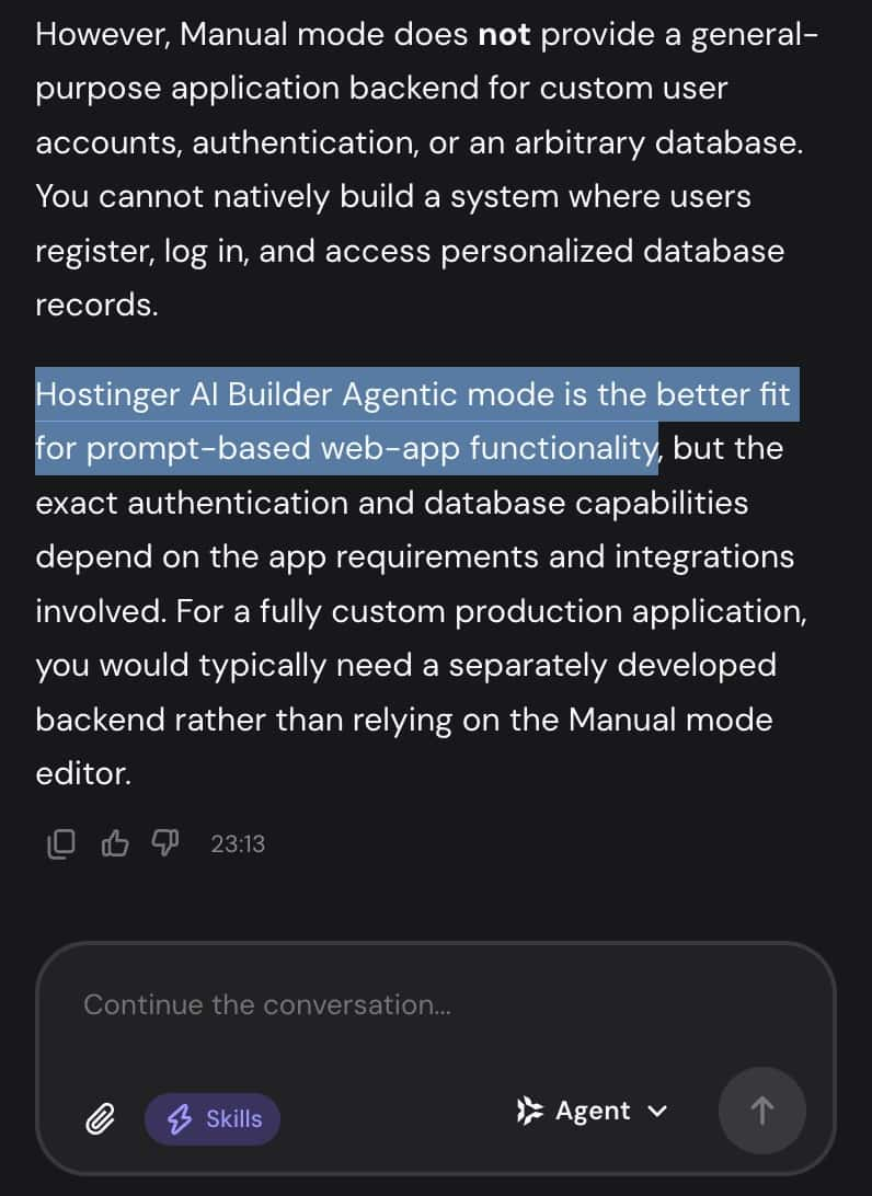 Hostinger AI Builder support agent explaining Agentic mode