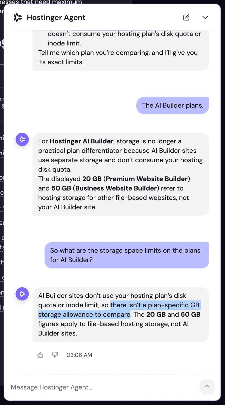 Hostinger AI Builder support agent explaining storage limits