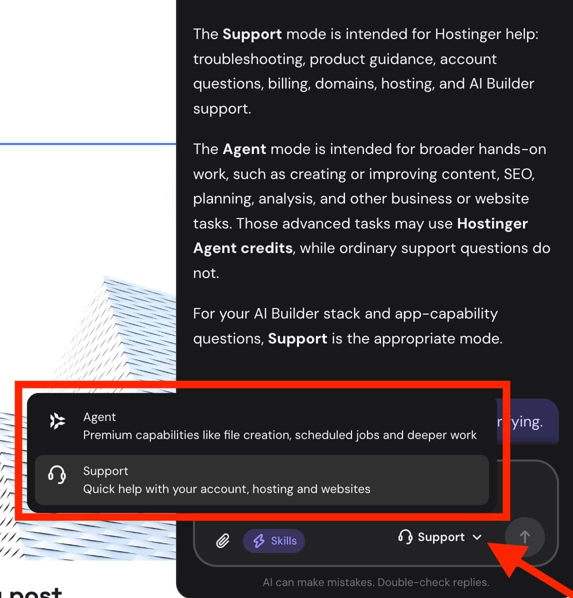 Hostinger AI Builder support modes