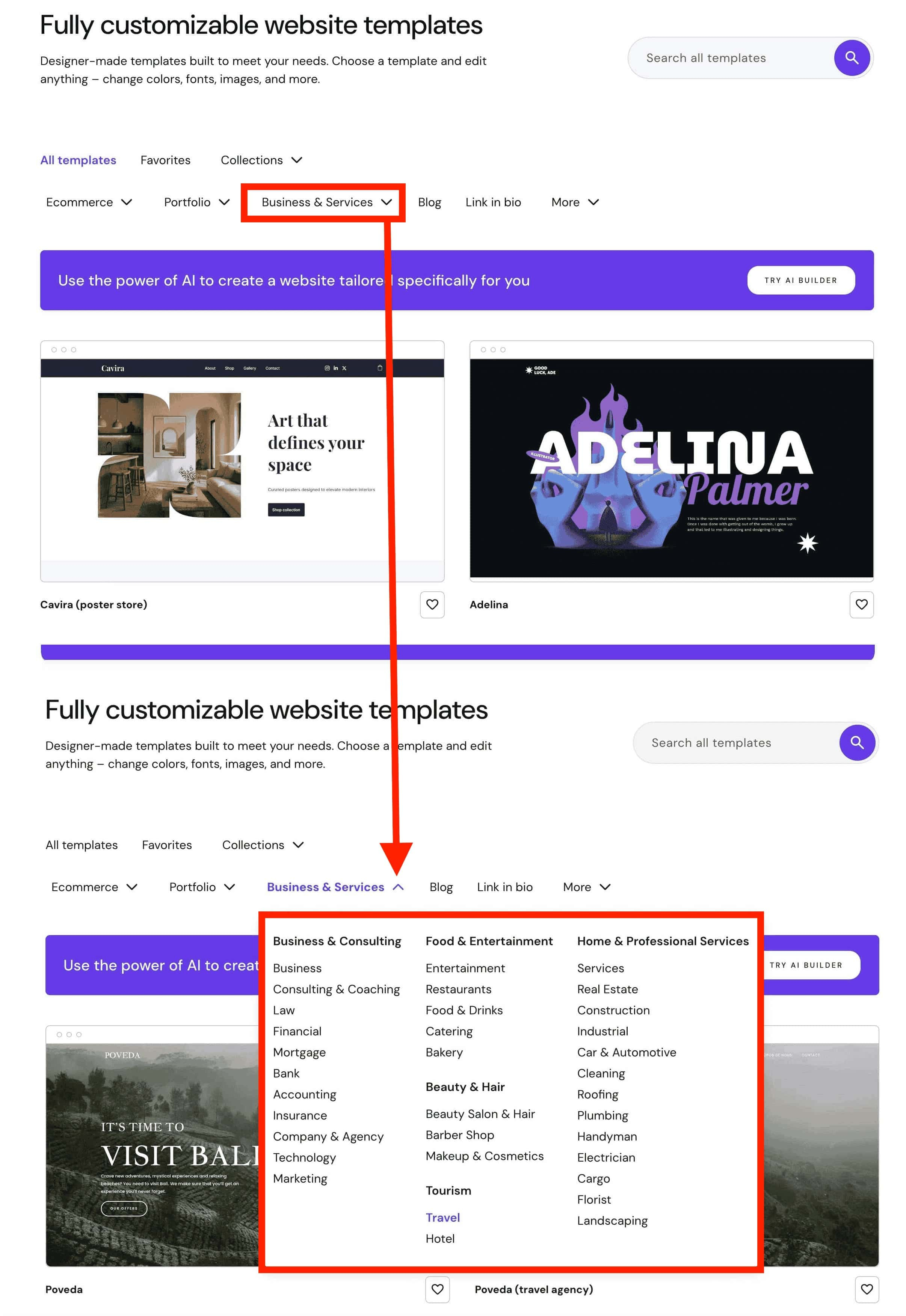 Hostinger AI Builder template selections