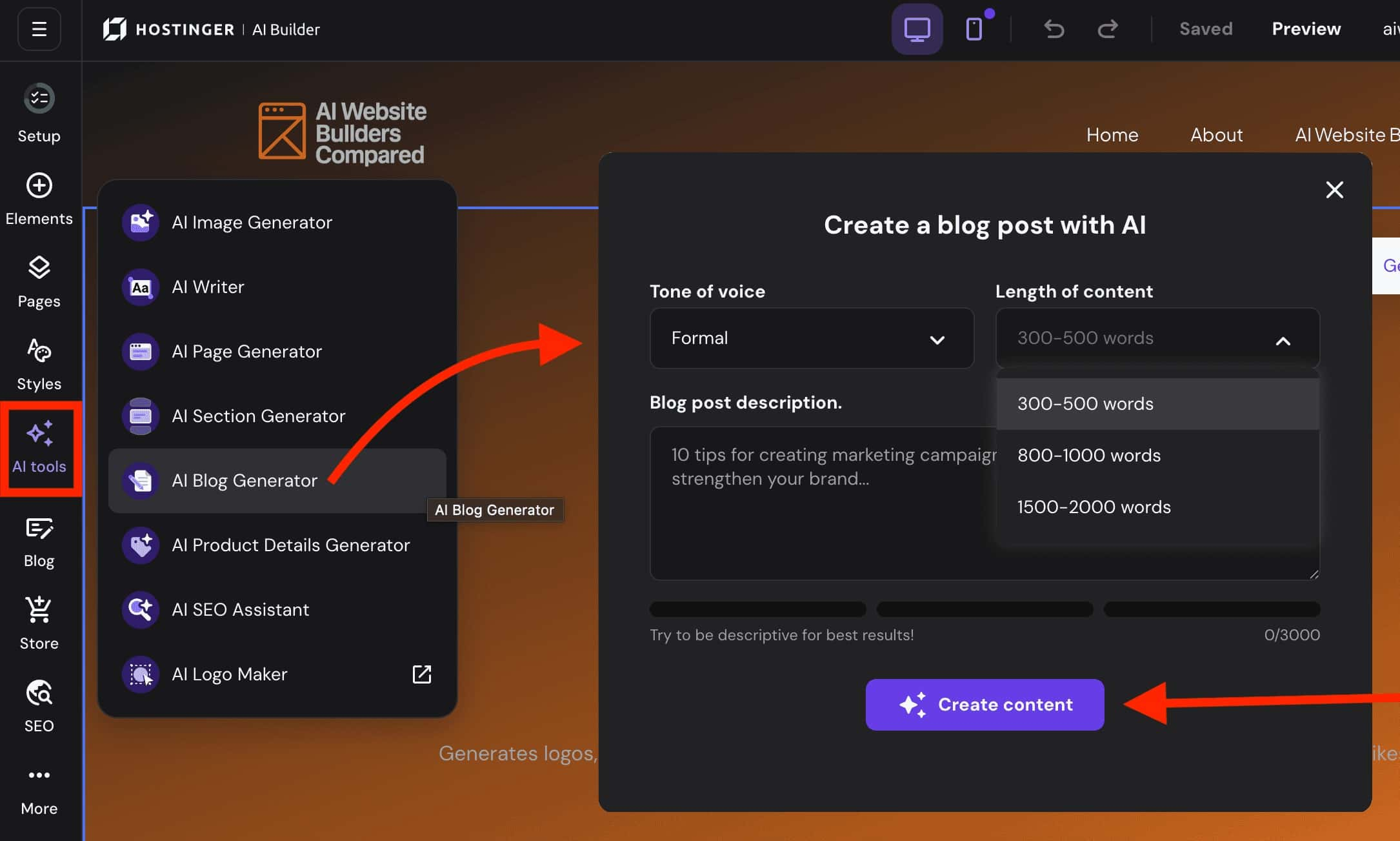 Hostinger AI Builder creating a blog post via Manual mode