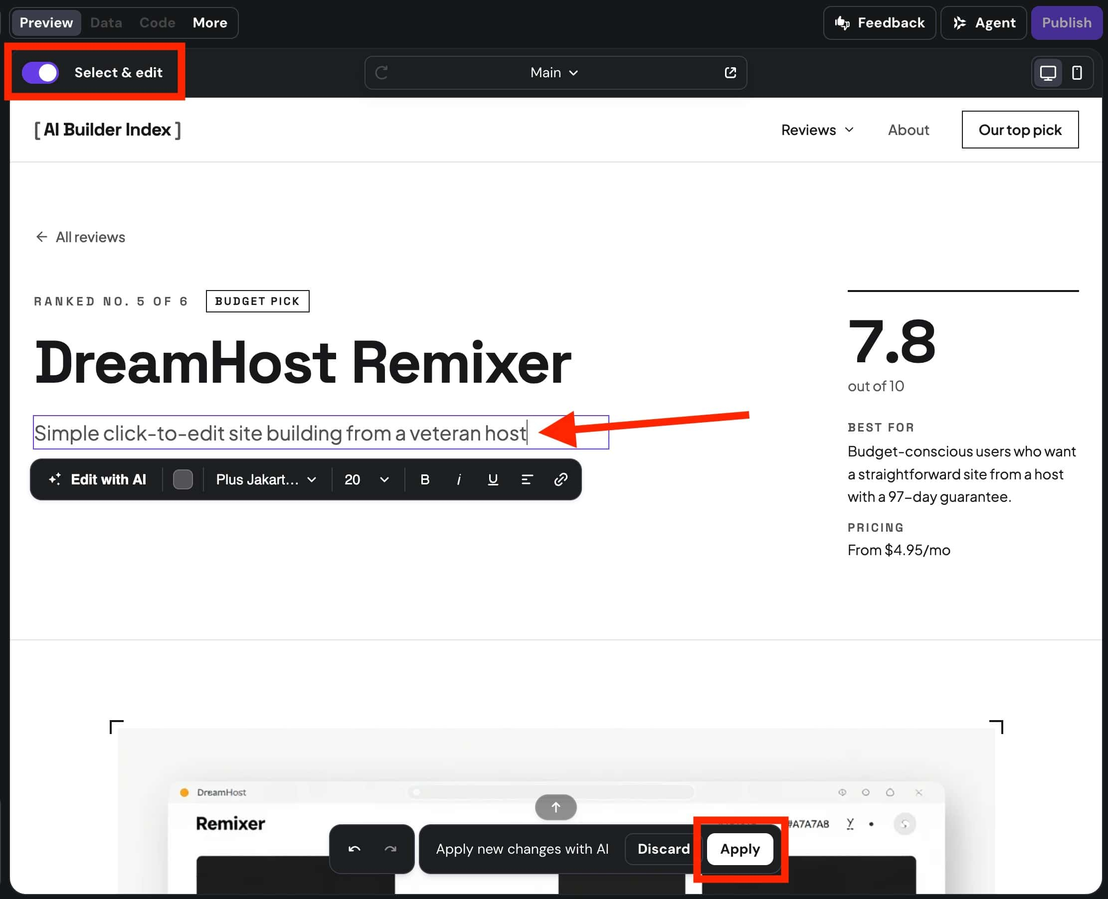 Hostinger AI Builder using AI credits to edit text in Agentic mode
