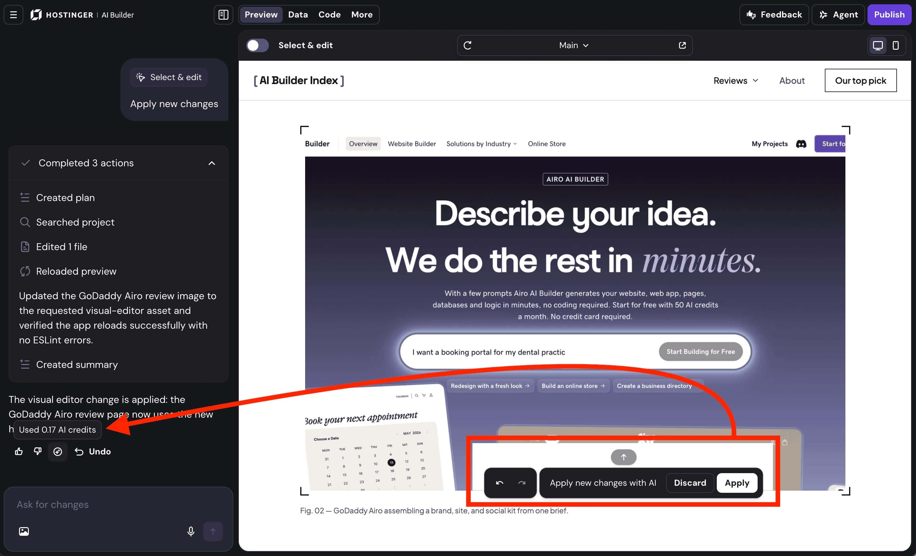 Hostinger AI Builder using AI credits to replace image