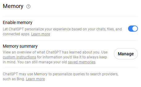 ChatGPT Memory settings