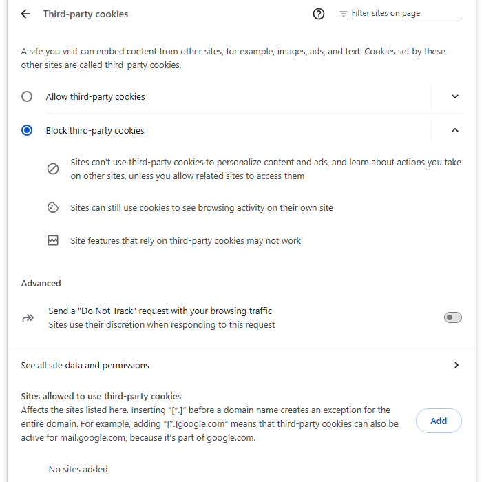 Block third-party cookies in Chrome