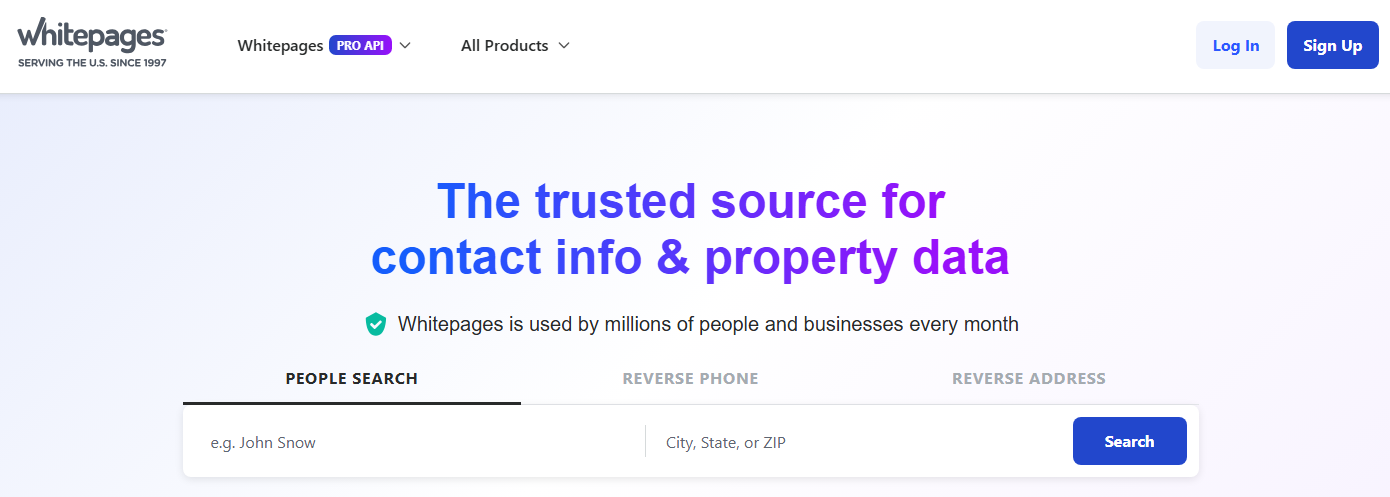 Whitepages people search site landing page