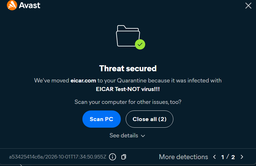 Threat secured pop-up from Avast after detecting EICAR malware test