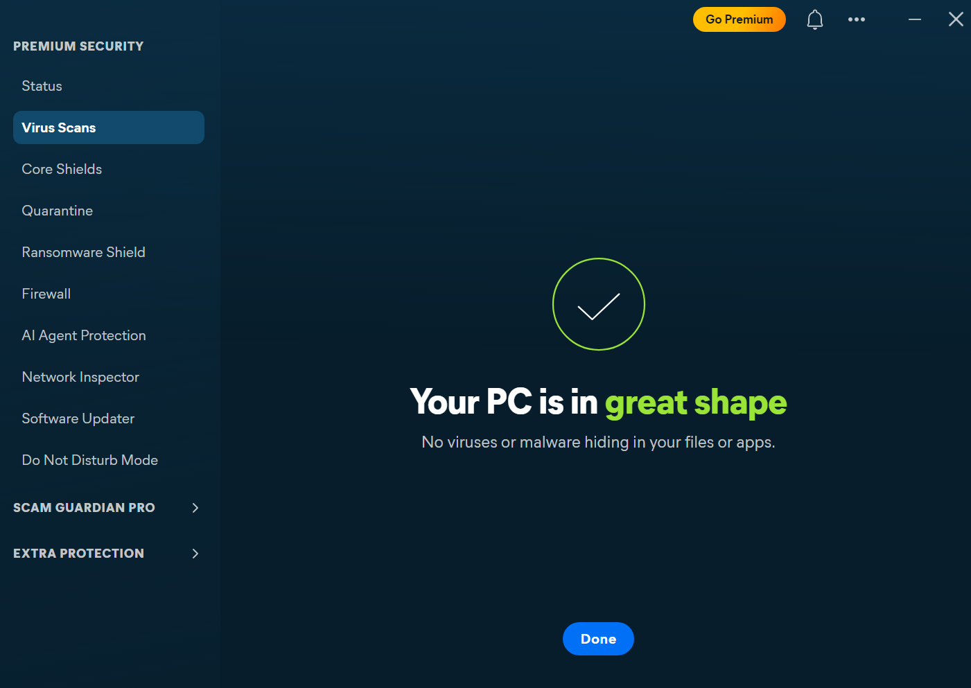 Avast scan complete screen (Your PC is in great shape)