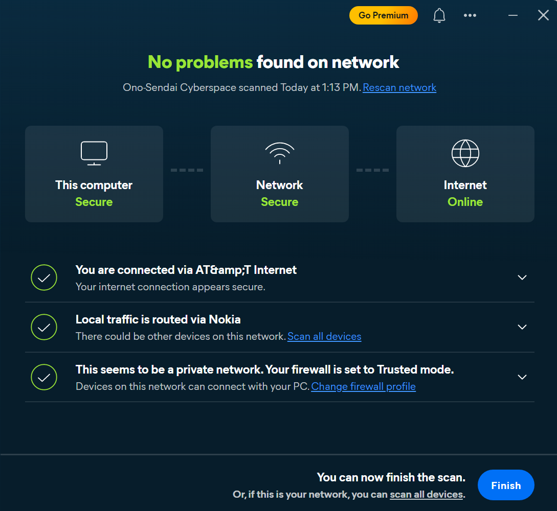 Avast Network Inspector scan results (no problems found on network)