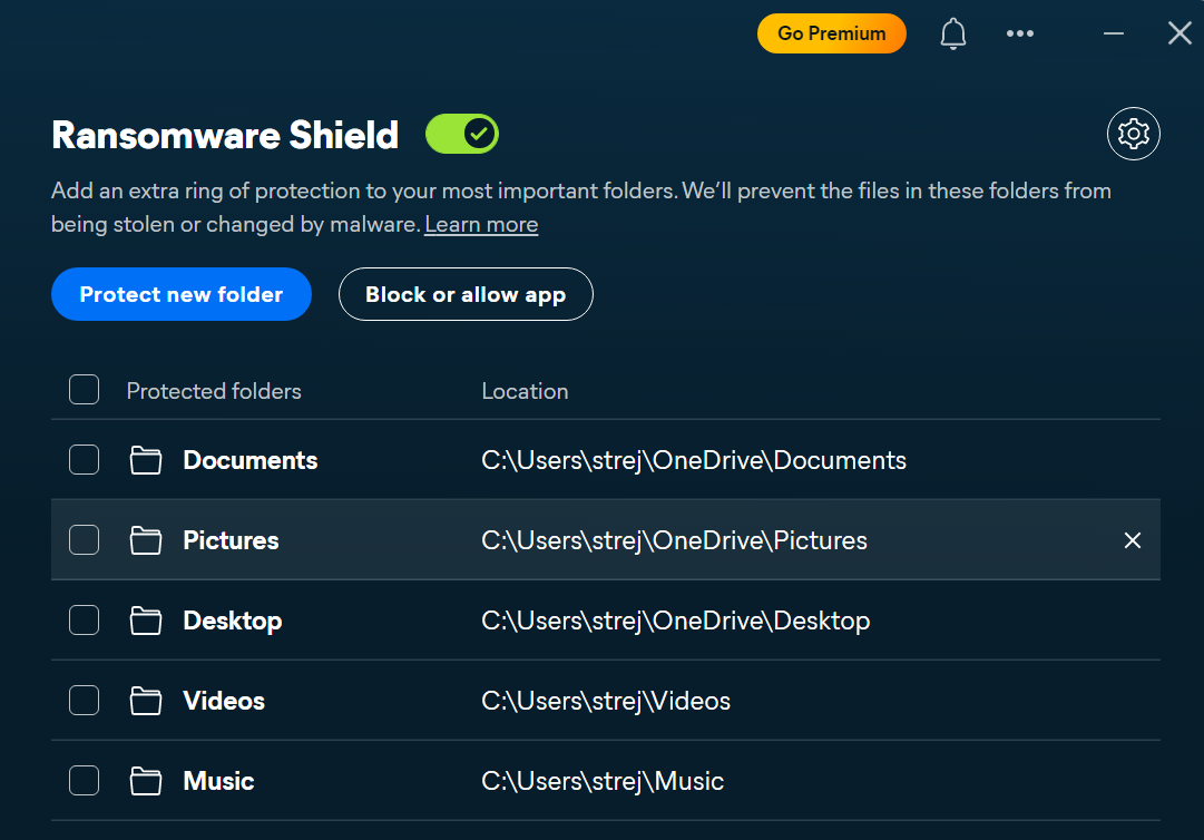 Avast Ransomware Shield tab