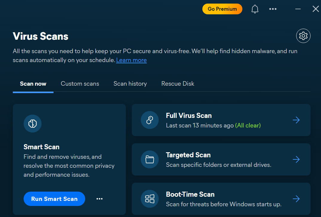 Avast virus scans tab