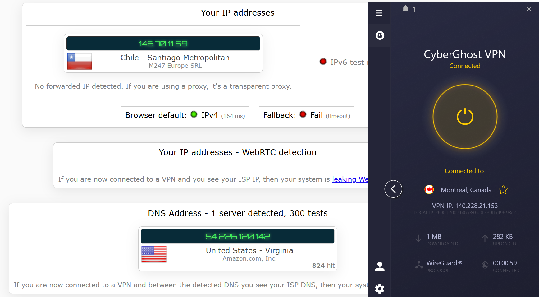 CyberGhost's kill switch test results (pass)