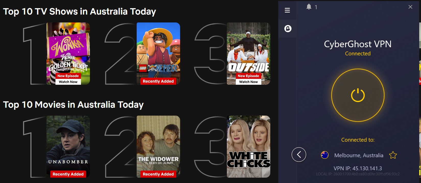 Netflix list of top shows and movies in Australia today with CyberGhost in the foreground