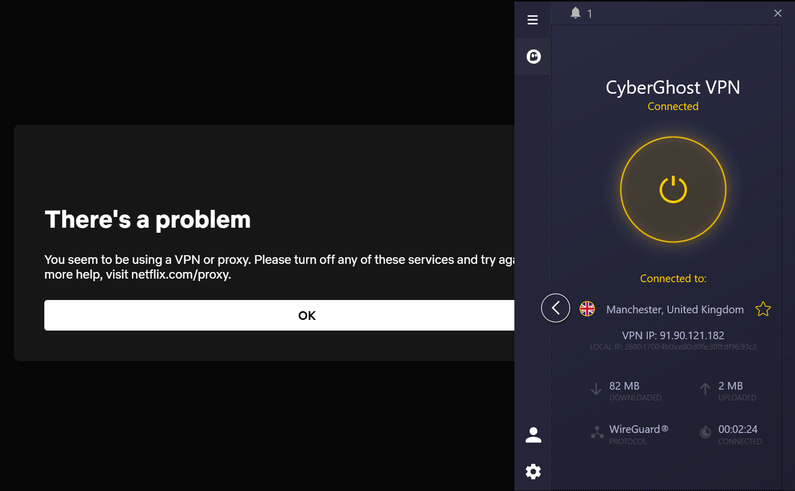 Pop-up from Netflix flagging a VPN side-by-side with CyberGhost