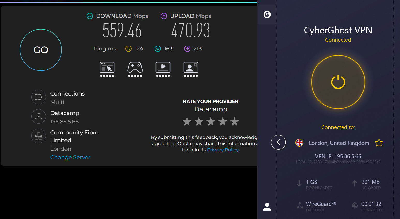 Speed test results for CyberGhost while connected to a London server (559.46 download, 470.93 upload, 124 ping)
