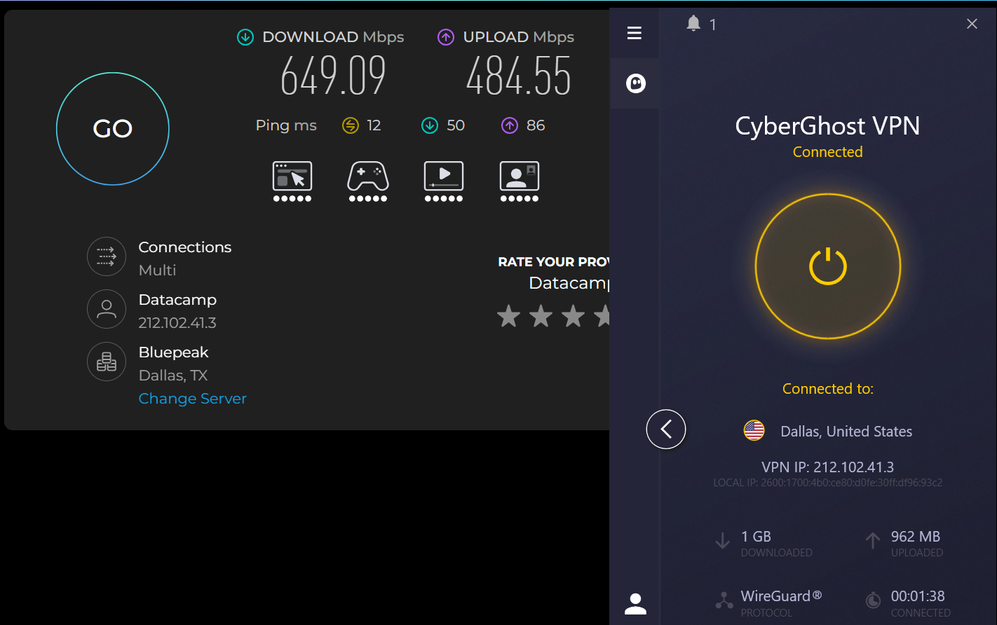 Speed test results for CyberGhost while connected to a Dallas server (649.09 download, 484.55 upload, 12 ping)