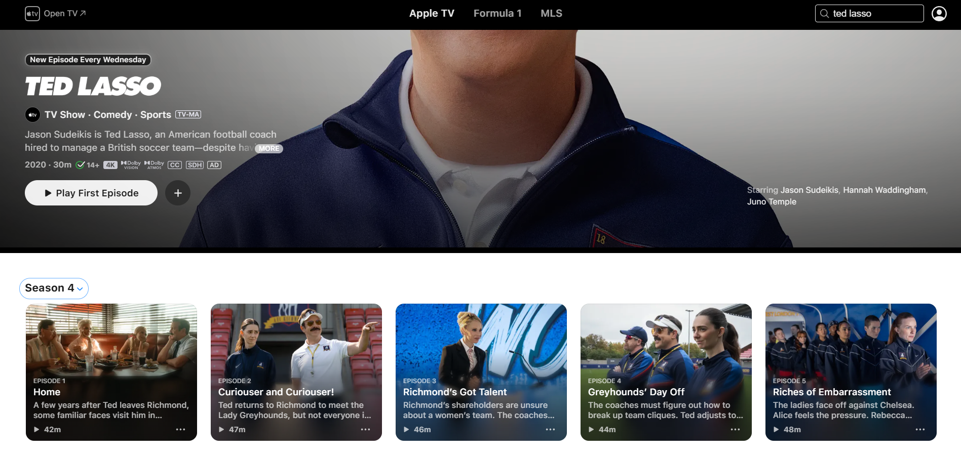 Stream "Ted Lasso" season 4 on Apple TV landing page 