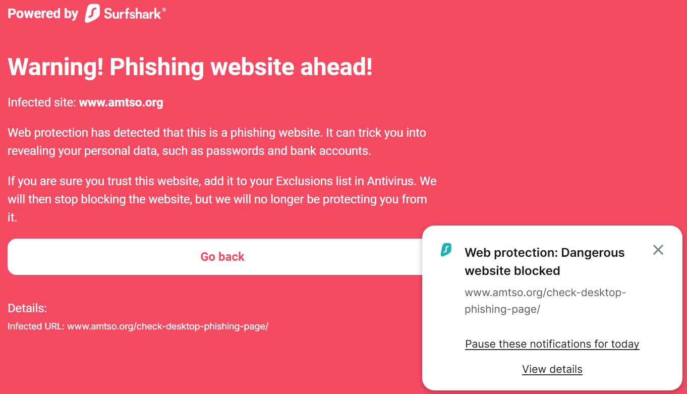 Warning from Surfshark Antivirus about a phishing website ahead (EICAR test)