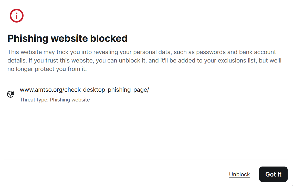 Surfshark Antivirus notification that a phishing website was blocked