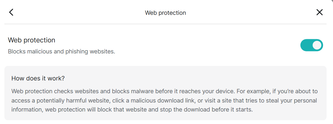 Surfshark Antivirus web protection toggle