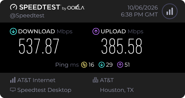 Baseline speed test before testing ClearVPN (537.87 download, 385.58 upload, 16 latency)