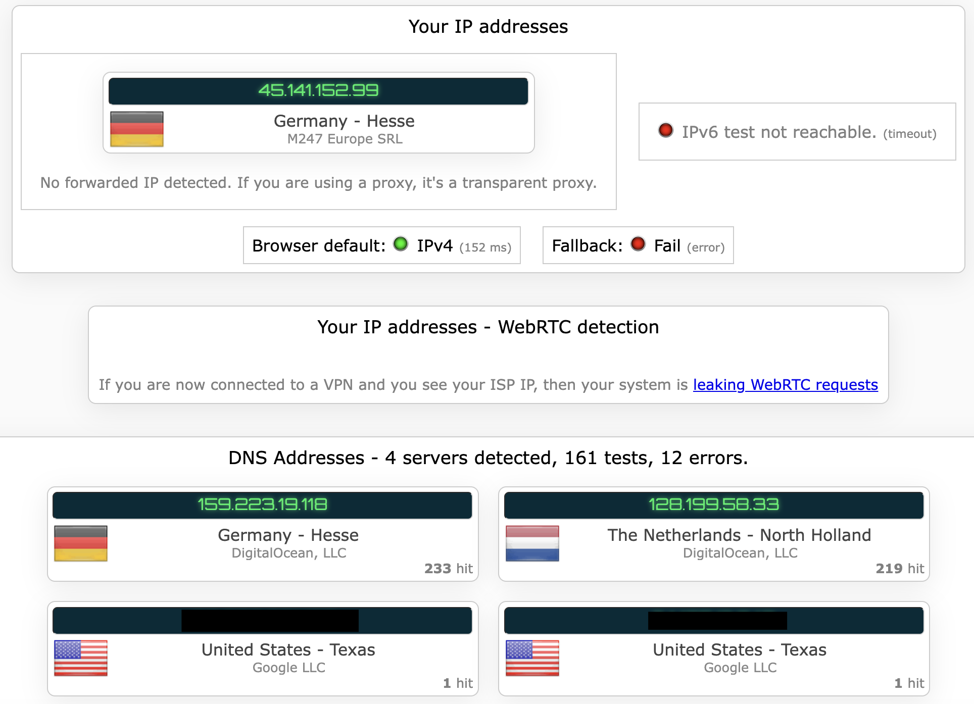 ClearVPN's kill switch test results (failed).