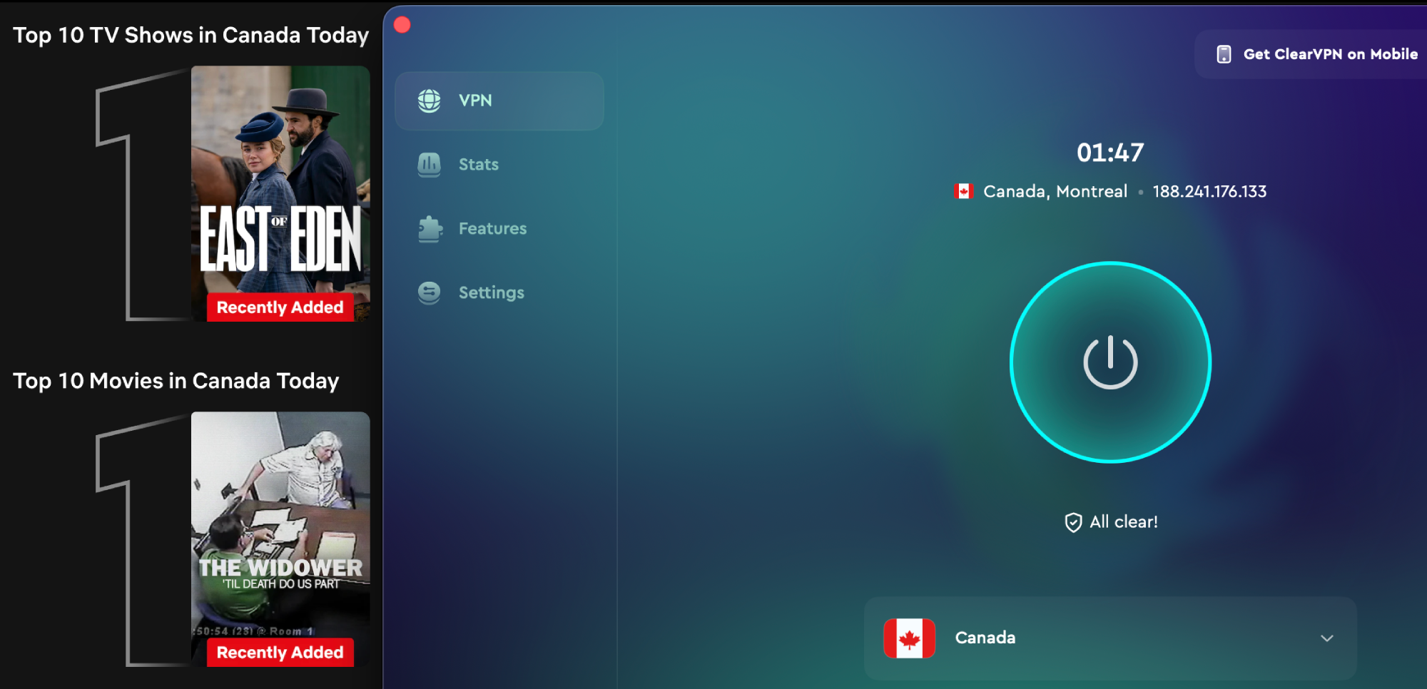 Netflix list of top shows and movies in Canada today with ClearVPN in the foreground