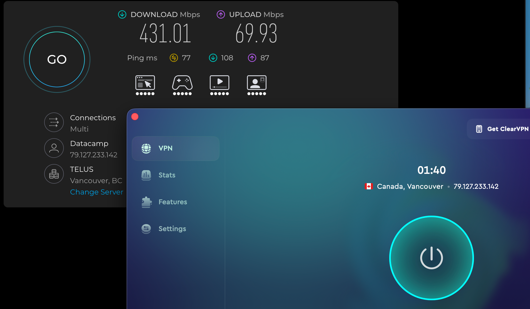 Speed test results for ClearVPN while connected to a server in Vancouver (431.01 download, 69.93 upload, 77 latency)