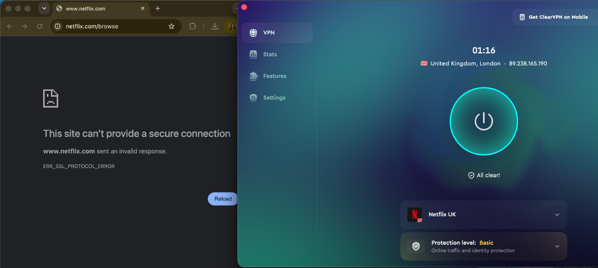 ClearVPN's Netflix UK server couldn't load Netflix.