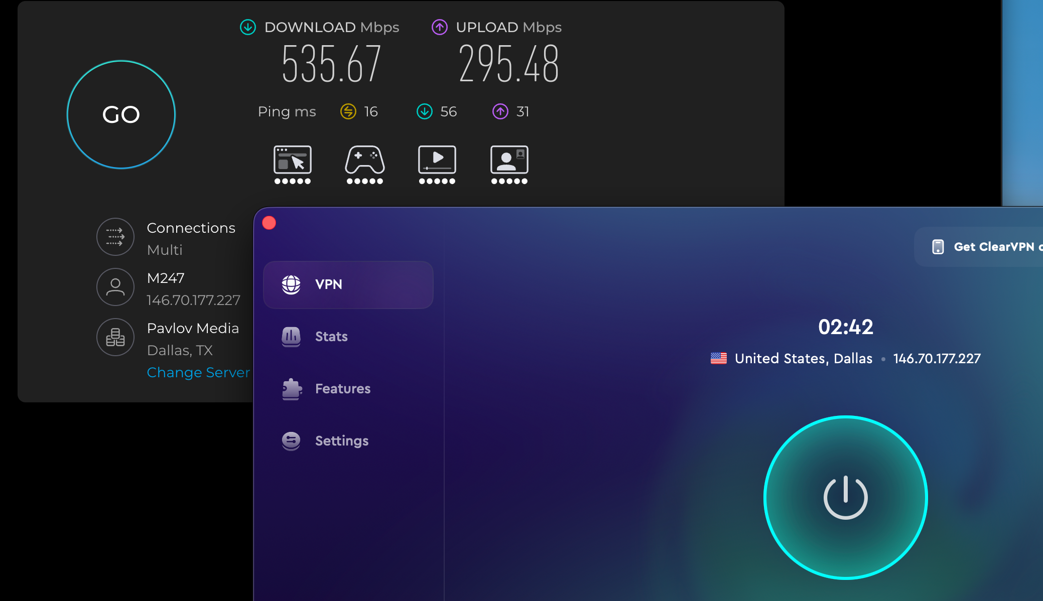 Speed test results for ClearVPN while connected to a server in Dallas (535.67 download, 295.48 upload, 16 latency)