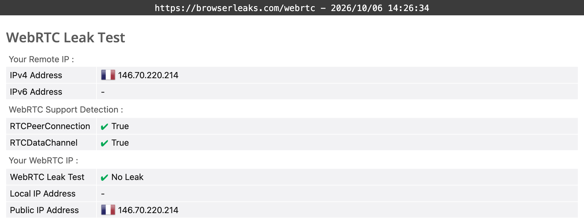 ClearVPN's WebRTC leak test results (passed).