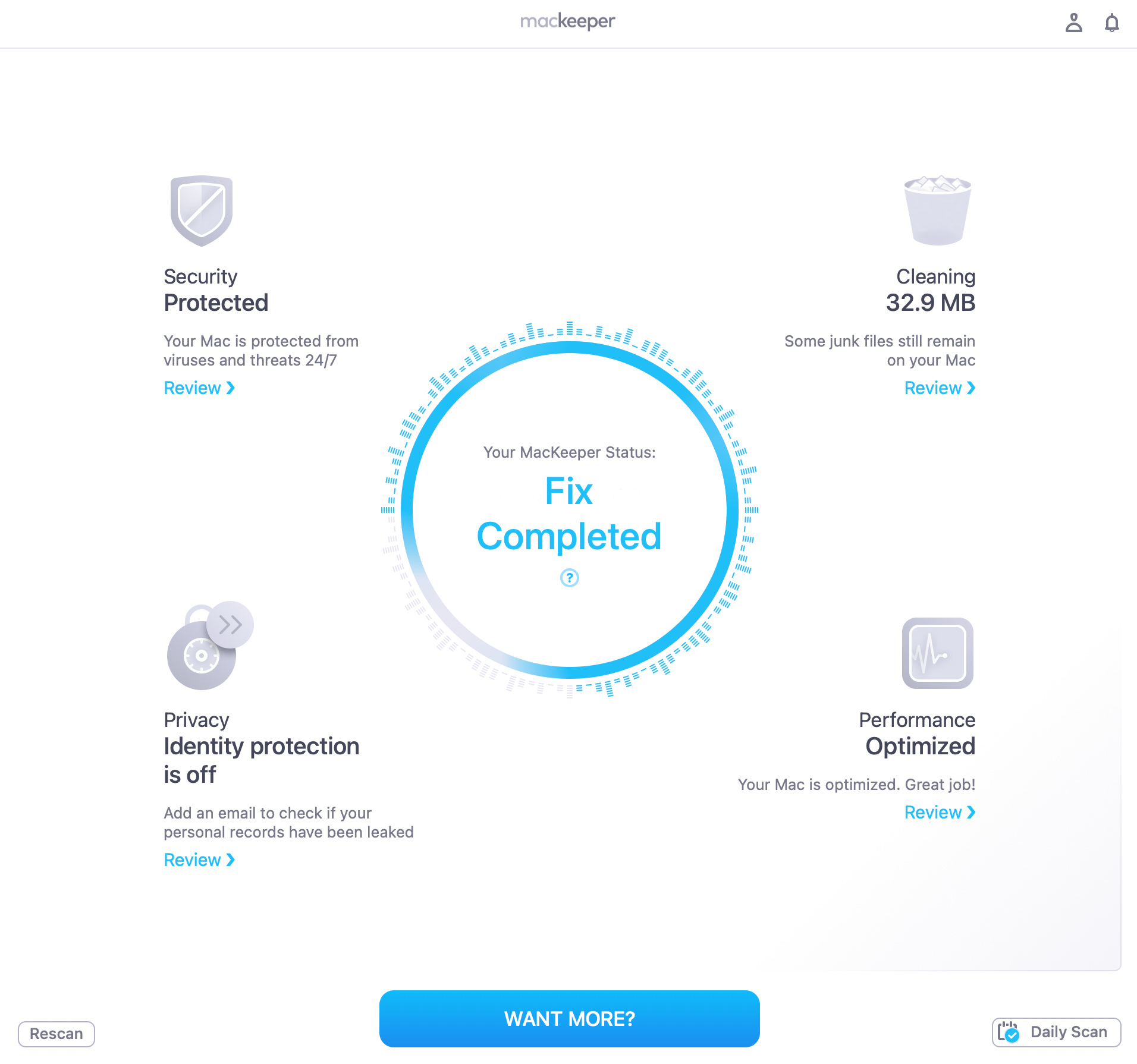 MacKeeper Find & Fix scan results