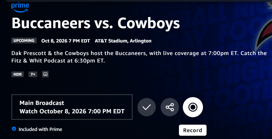 Add a TNF game on Prime to Watchlist and enable Record