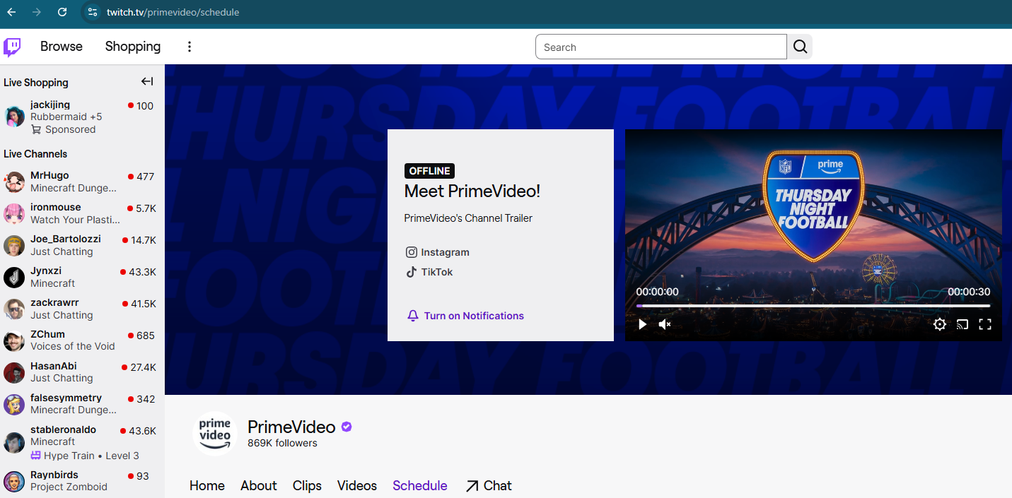 Watch Thursday Night Football for free on Twitch landing page