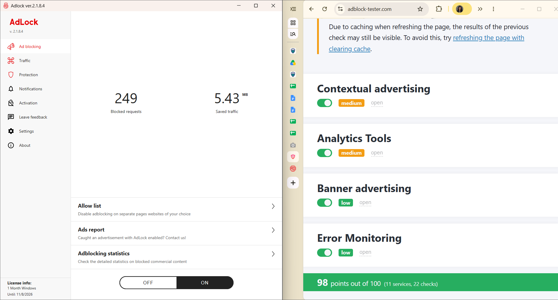 AdLock's AdBlock Tester score side-by-side with desktop app (98/100)