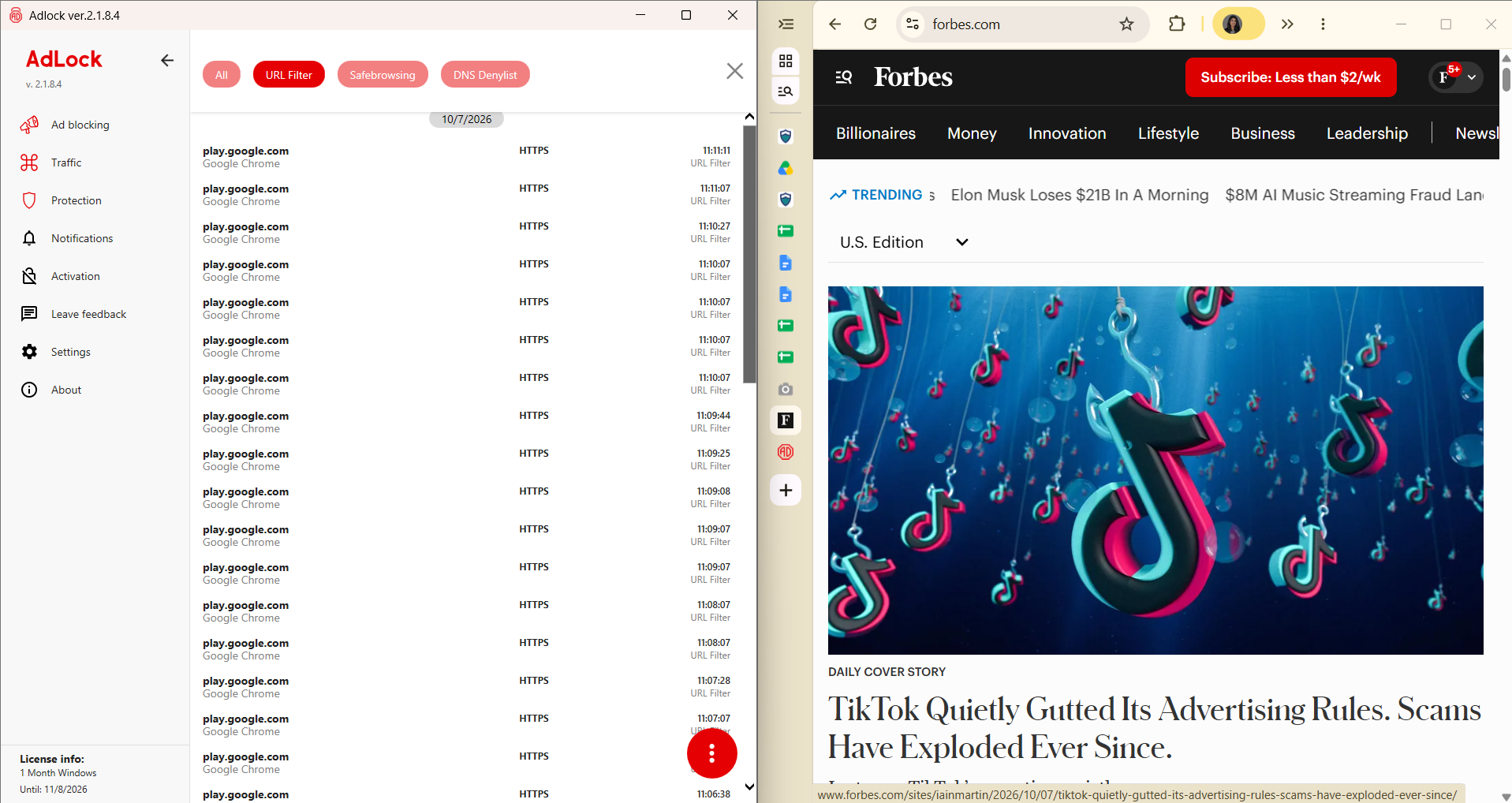 AdLock desktop app list of blocked ads side by side with Forbes homepage