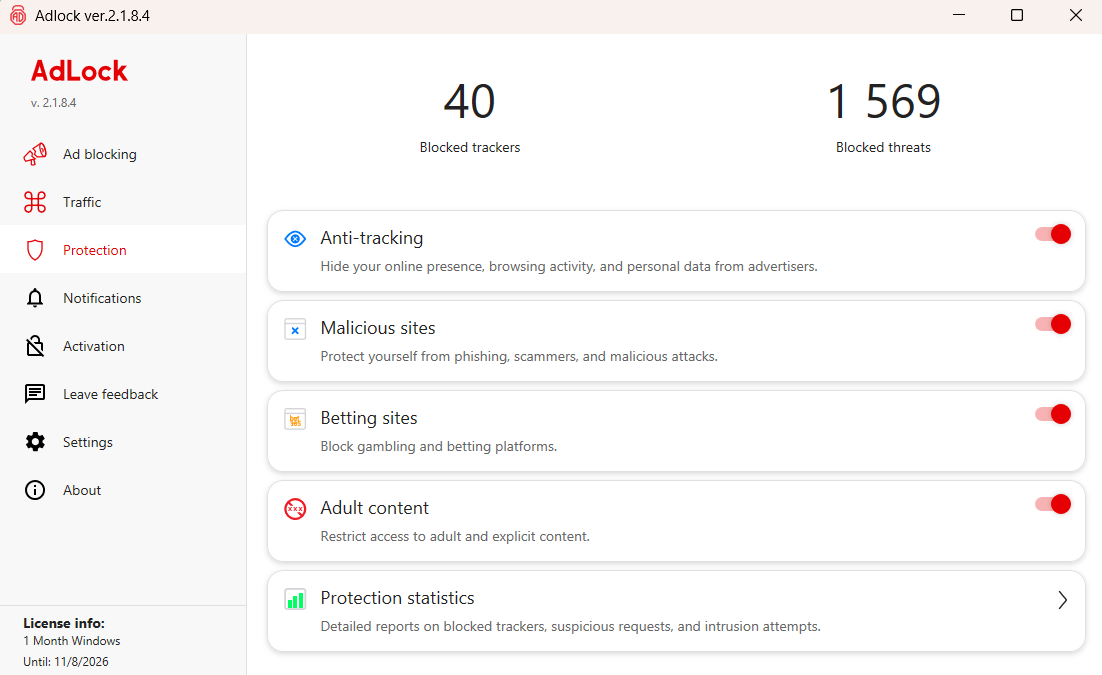 AdLock desktop app on protection tab